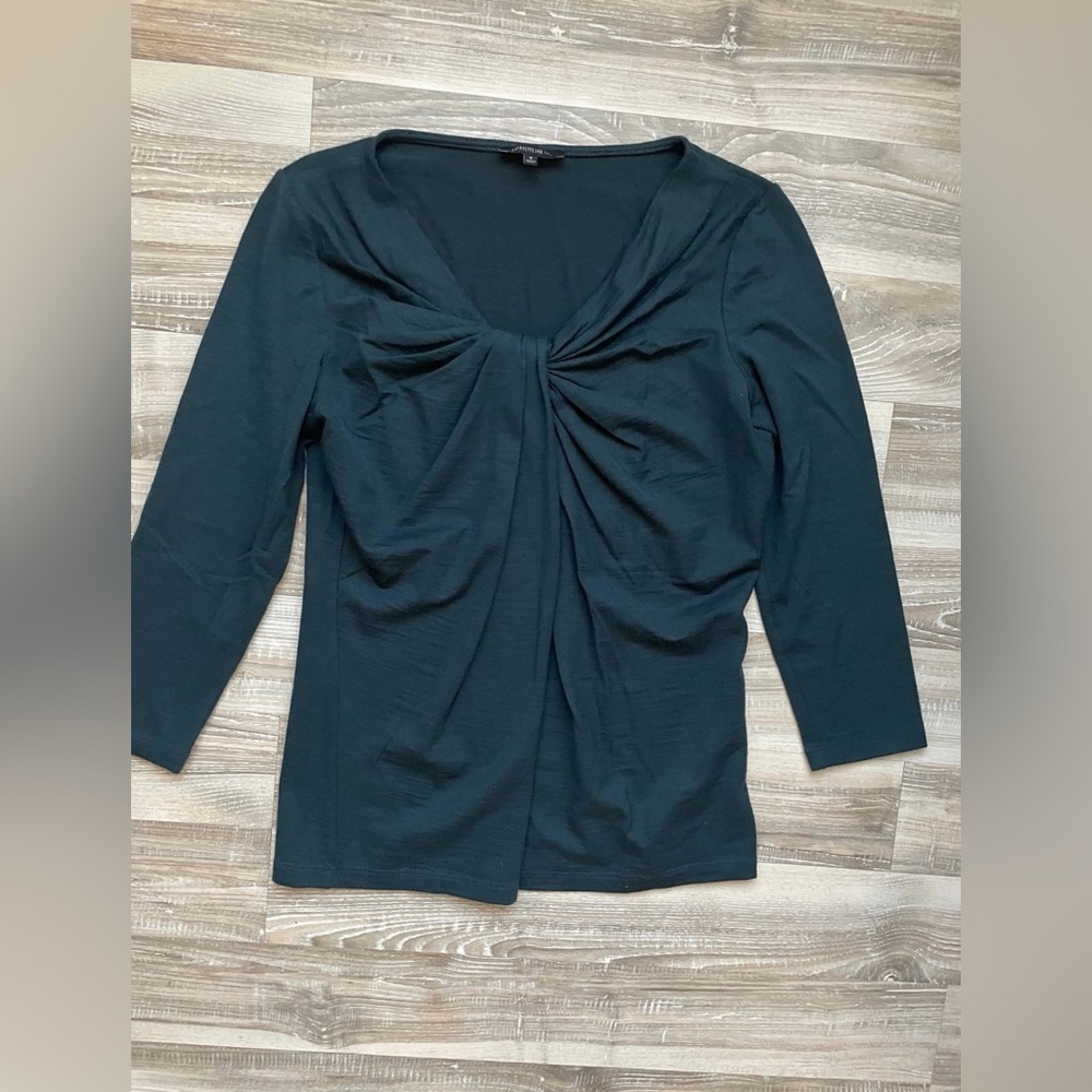 Lafayette 148 wool twist-front top in deep green, chic draped style Small solid